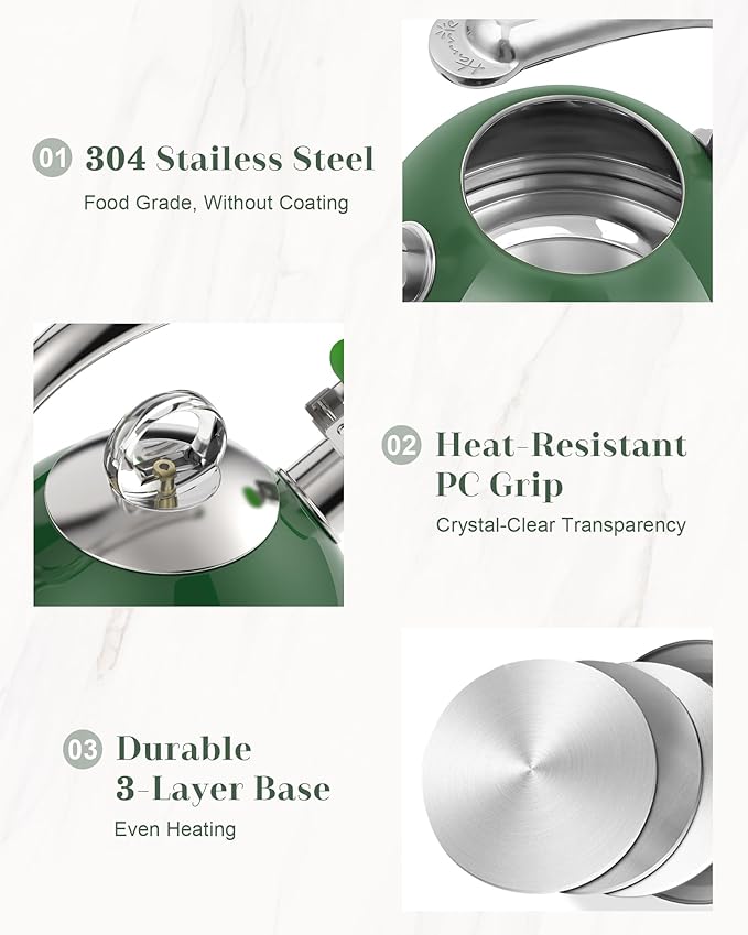Harriet Tea Kettle Stovetop, 2.5 Quart Whistling Stainless Steel Tea Pot, 3-Layer Base, Unique Ergonomic Handle, Includes Pot Holder & Mat, Electric/Induction/Gas Stovetops Applicable, Green