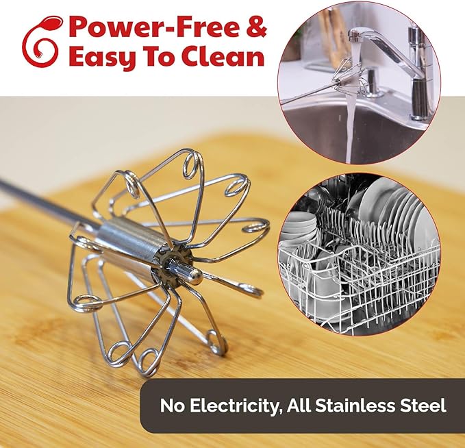 Stainless Steel Egg Whisk - Easy to Use Semi-Automatic Push-Down Zip Whisker - Rotary Hand Mixer for Beating Eggs, Frothing Milk, Blending, Mixing, Whipping Smoothies & Shakes - 2 Pack (12 &14 Inch)