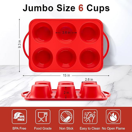 2 Pack Jumbo Muffin Pans with Metal Frame, 6 Cup Large Cupcake Molds with Handles, Silicone Egg Bite Baking Trays, BPA Free & Non-Stick