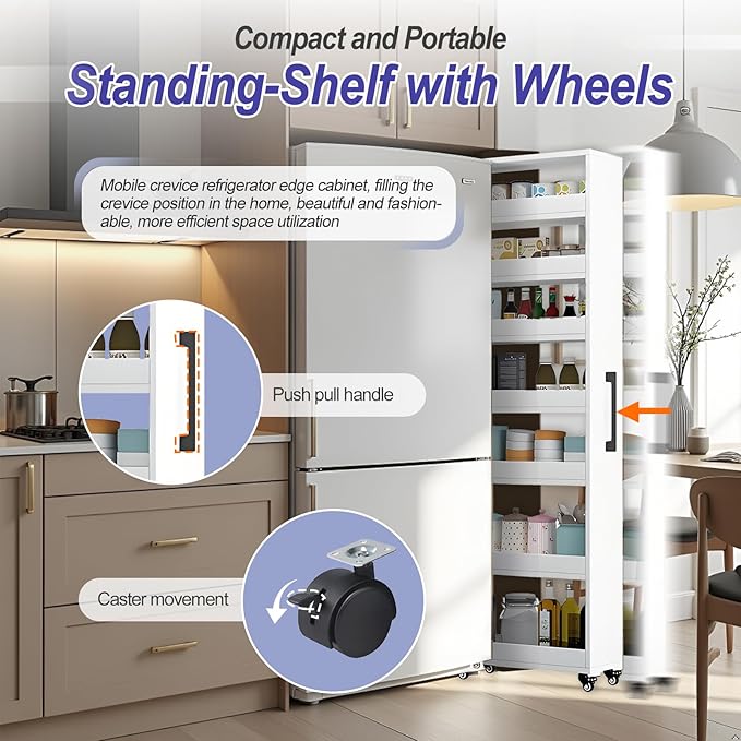 7-Tier Slim Storage Cart, Wooden Rolling Pantry Cabinet with Wheels, Narrow Shelf Organizer for Kitchen, Bakers Rack, Dining Room, Closet, Small Spaces Dark Walnut 73.2''H*9.8''W*19.6''D