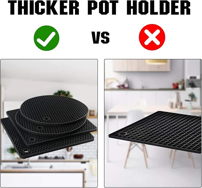 Joyhalo Trivets for Hot Dishes - Hot Pads for Kitchen, Silicone Pot Holders for Hot Pots and Pans, Silicone Mats for Kitchen Countertops, Table, Flexible Easy to Wash and Dry, Black