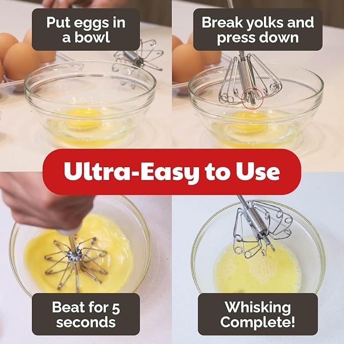 Stainless Steel Egg Whisk - Easy to Use Semi-Automatic Push-Down Zip Whisker - Rotary Hand Mixer for Beating Eggs, Frothing Milk, Blending, Mixing, Whipping Smoothies & Shakes - 2 Pack (12 &14 Inch)