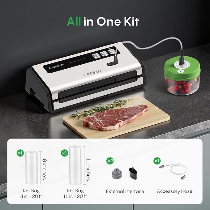 FRESKO Food Vacuum Sealer with Automatic Bag Detection, Double Heat Seal, Built-in Bag Roll Storage & Cutter, 2 Rolls Bags, Starter Kit