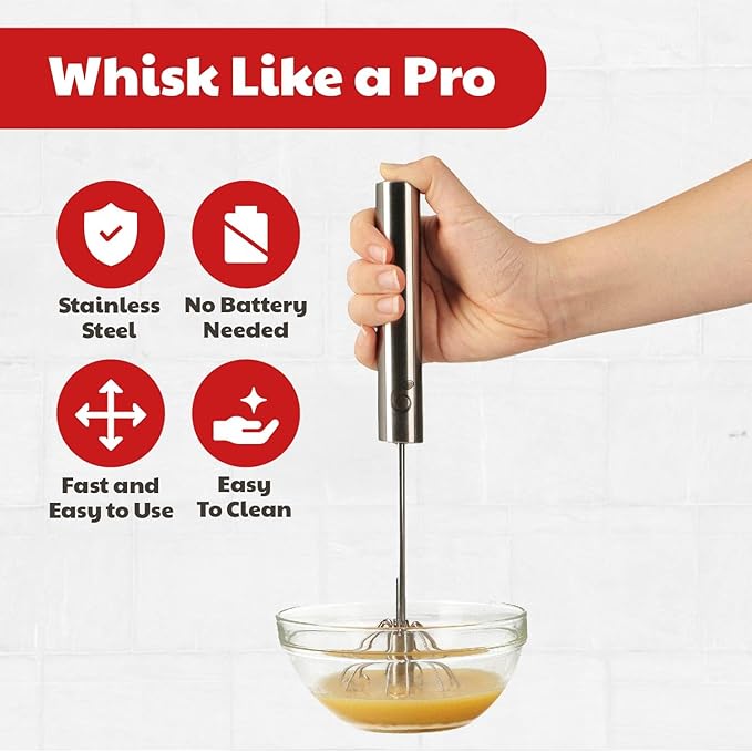 Stainless Steel Egg Whisk - Easy to Use Semi-Automatic Push-Down Zip Whisker - Rotary Hand Mixer for Beating Eggs, Frothing Milk, Blending, Mixing, Whipping Smoothies & Shakes - 2 Pack (12 &14 Inch)