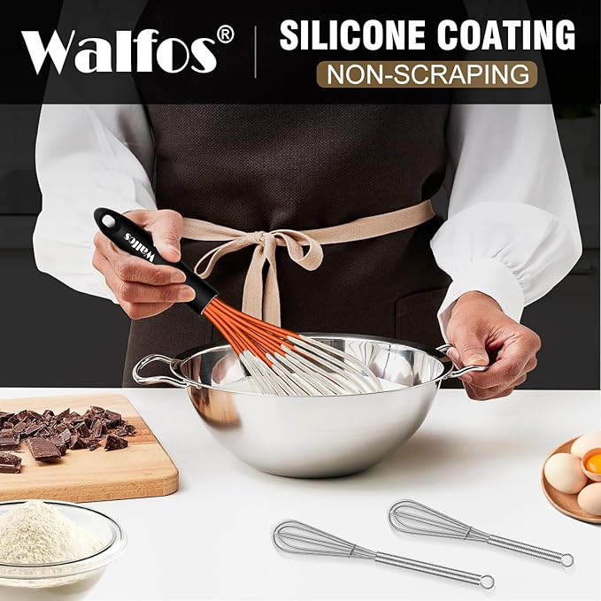 Walfos Whisk, Silicone Whisks Set of 5, Mini Stainless Steel Whisk 7+5in and Non Scratch Coated 7+9+11in Whisks, Suitable for Blending, Whisking, Beating, Frothing & Stirring. (Orange)