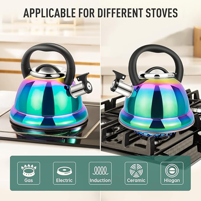 Tea Kettle, Kettle 3.7QT, Tea Pot Whistling 316 Stainless Steel, Tea Kettle Stovetop with Cool Folding Handle, Kettle Teapot Rainbow Induction for Boiling Water, Mirror Finish
