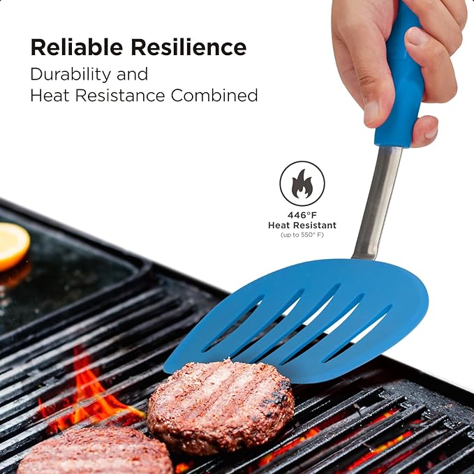 Kitchen Mama WaltzGrip Platinum Silicone Pancake Spatula Turner: Heat Resistant Flexible, Stainless Steel Core, Nonstick, Dishwasher Safe, Flipper – Ideal Kitchen Cookware for Eggs, Fish, Meat (Blue)