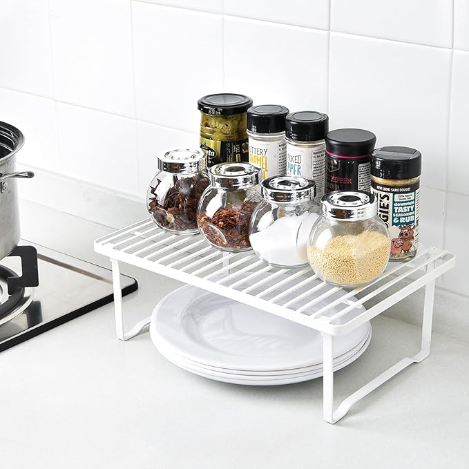 Amazon Basics Stackable Metal Kitchen Storage Shelves for Dishes, 12.5" L x 8" D x 4.5" H, Set of 2, White