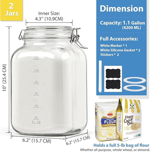 2 Pack 1 Gallon Square Super Wide-Mouth Glass Jars with Airtight Lids - Glass Storage Jars with 2 Measurement Mark - Canning Jars with Large Capacity, Sturdy For Canning, Overnight Oats, 4200 ML