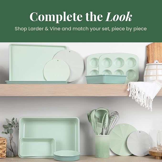 Larder & Vine 8-Piece Bakeware Set | Non-Stick Baking Set with Ceramic Finish | PFAS, PFOA, PTFE, and BPA Free Baking Essentials | Baking Sheets, Muffin Tins and Assorted Baking Pans | Sage