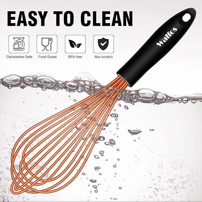 Walfos Whisk, Silicone Whisks Set of 5, Mini Stainless Steel Whisk 7+5in and Non Scratch Coated 7+9+11in Whisks, Suitable for Blending, Whisking, Beating, Frothing & Stirring. (Orange)