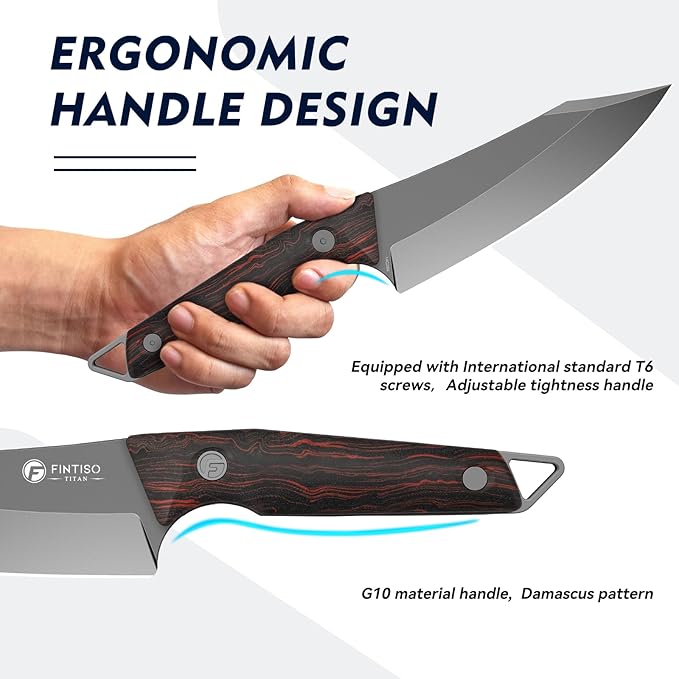 FINTISO 14C28N Steel Viking Knife, Japanese Butcher Knife with G10 Handle, Ultra Sharp Meat Cleaver Boning Knife for Meat Cutting, Outdoor Kitchen Chef Knife Best Gift (Red)