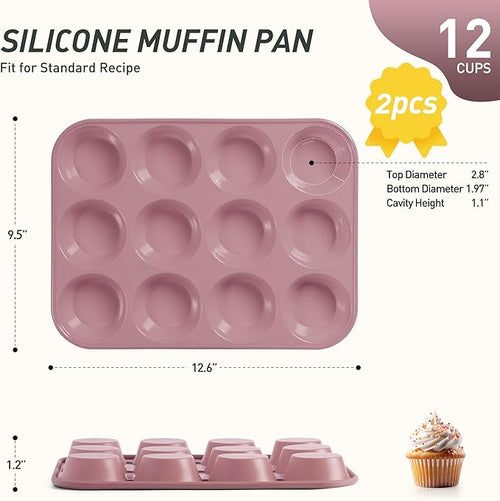 2 Pack 12 Cups Muffin Pan with Metal Reinforced Frame Regular Size Silicone Molds Cupcake Cake Baking Pans Cookie Baking Chocoflan Cupcake Mold Silicone Egg Bite Molds Baking Items Stuff