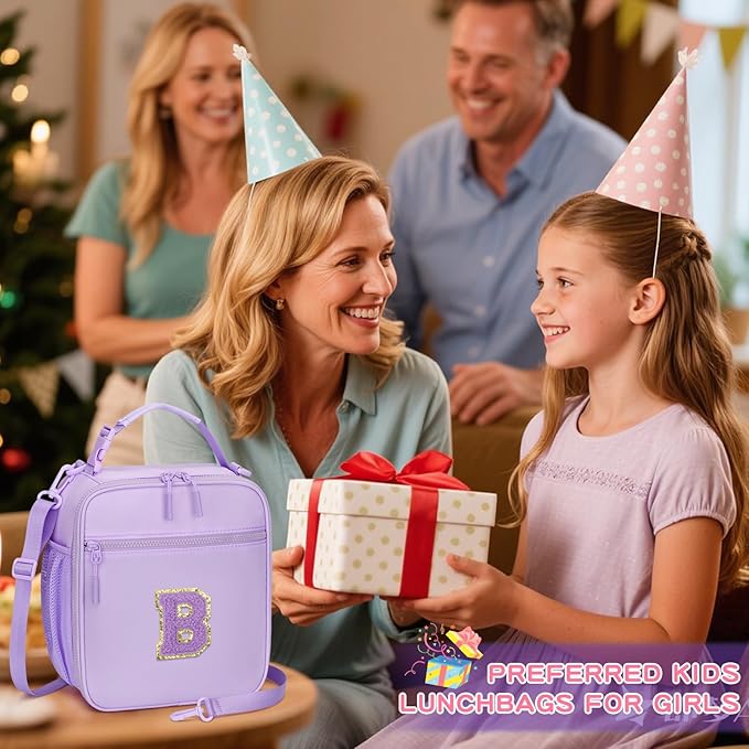 Initial Insulated Lunch Bag for Girls Kids, Back to School Gift, Reusable Leak-proof Lunch Box with Adjustable Strap for School Daycare Travel Picnic (Purple,B)