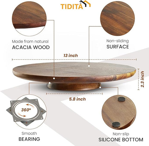 13" Acacia Cake Stand Rotating – Rustic Wood Pedestal Stands Turntable with 2 Icing Spatulas, 3 Smoothers – Wooden Spinning Cake Decorating Serving for Cupcake Dessert Display in Party, Wedding