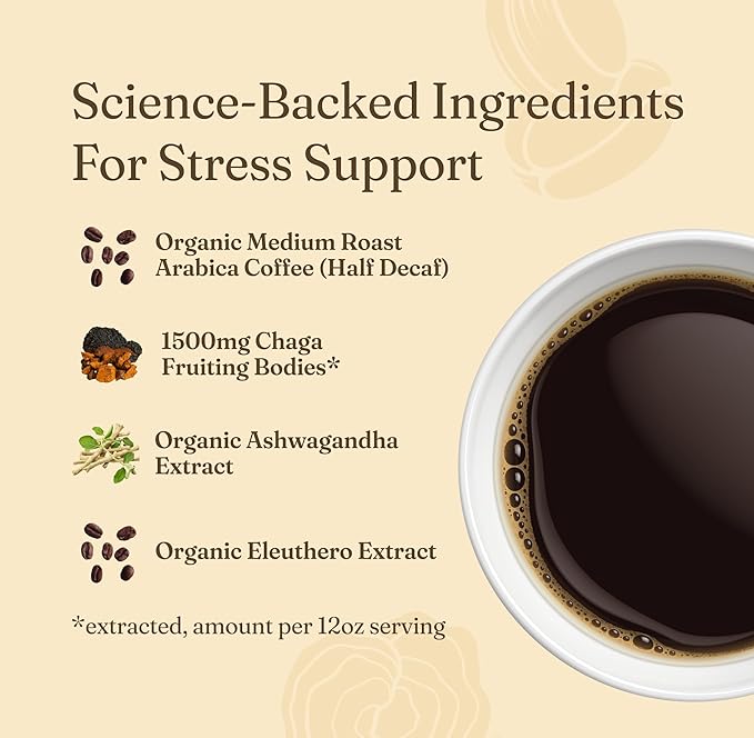 Four Sigmatic Organic Balance Adaptogen Ground Coffee | Medium Roast USDA Organic Coffee with Ashwagandha, Chaga Mushroom, Eleuthero and Tulsi for Focus and Energy Boosting | 12oz Bag