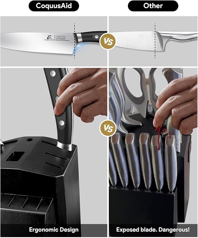 Knife Set, Kitchen Knife Block Sets with Sharpener, 6 Steak Knife Set Serrated with Block, 15 PCS Forged German Stainless Steel Rust Proof Knives, Dishwasher Safe Black, New Beveled Design