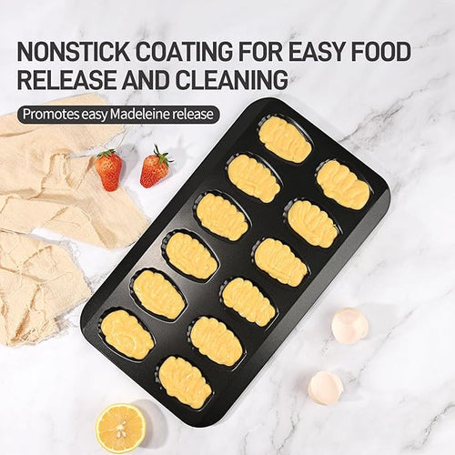 2 Pack Madeleine Pans for Baking, 12 Cavity Heavy Duty Shell Shape Baking Mold Nonstick Cookie Cake Pan for Oven（BLACK）