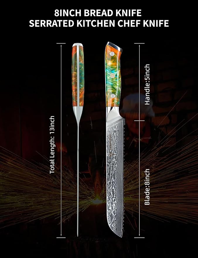 8” Bread Knife Serrated Kitchen Chef Knife - Damascus Steel & Resin Handle - Xuan Series(Fantasy Orange)