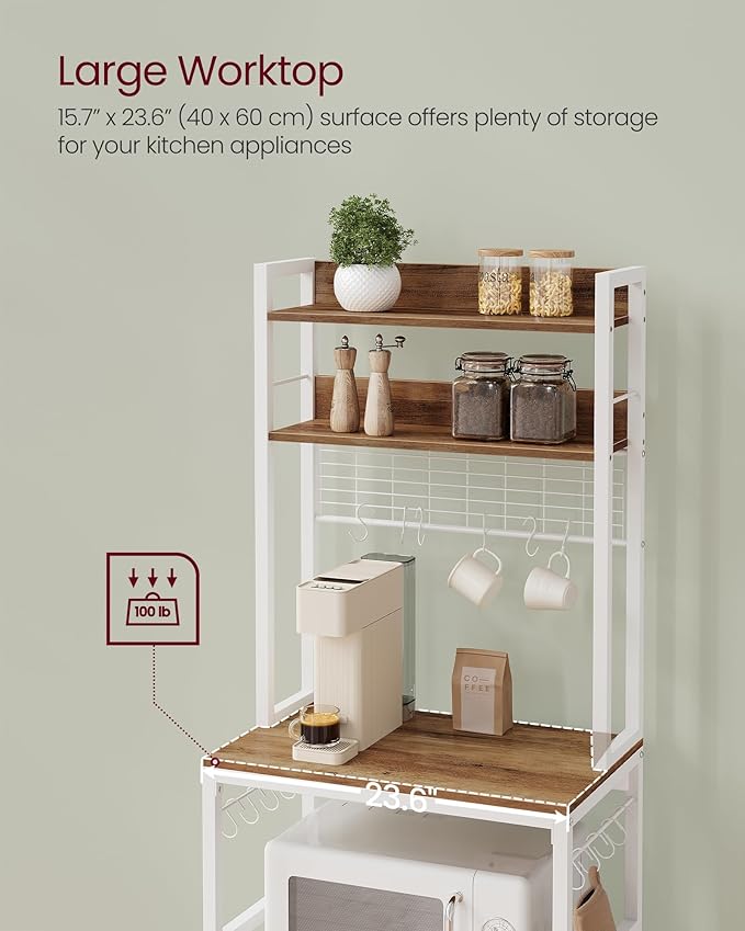 VASAGLE Hutch Bakers Rack with Power Outlet, 14 Hooks Microwave Stand, Adjustable Coffee Bar with Metal Wire Panel, Kitchen Storage Shelf, 15.7 x 23.6 x 66.9 Inches, Rustic Walnut and White UKKS037W41