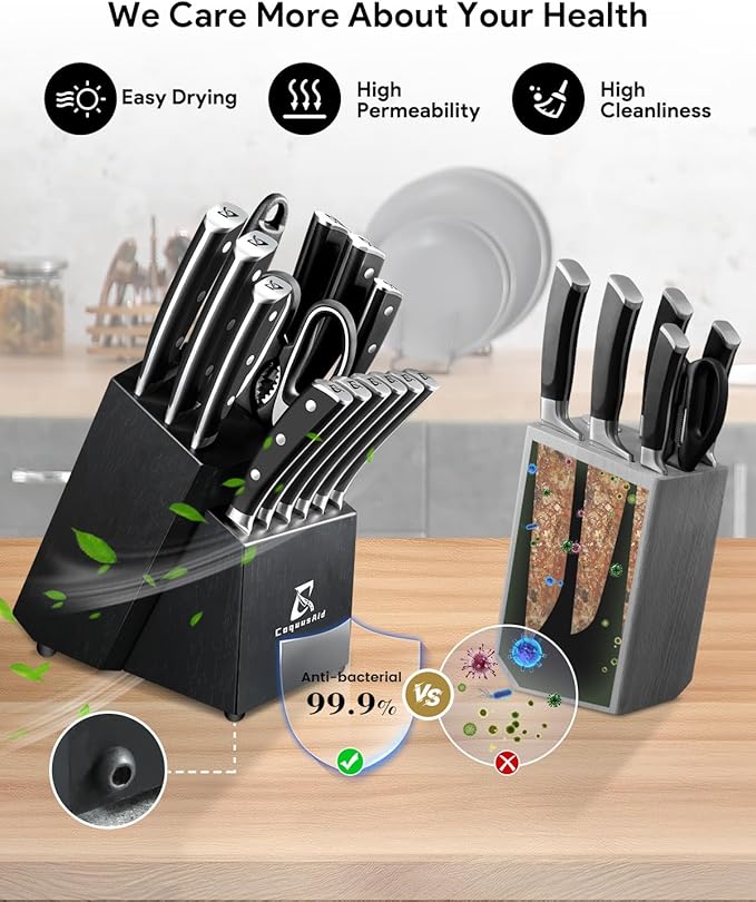Knife Set, Kitchen Knife Block Sets with Sharpener, 6 Steak Knife Set Serrated with Block, 15 PCS Forged German Stainless Steel Rust Proof Knives, Dishwasher Safe Black, New Beveled Design