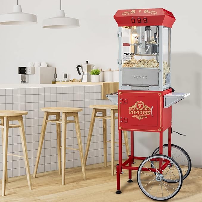 VEVOR Commercial Popcorn Machine, 8 Oz Kettle, 850 W Popcorn Maker on Wheels for 48 Cups per Batch, Theater Style Popper with 3-Switch Control Steel Frame Tempered Glass Doors Cart 1 Scoop 2 Spoons