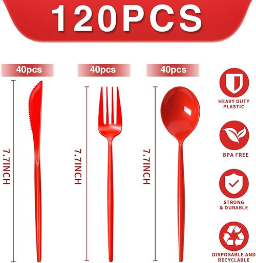 120 Pack Red Plastic Silverware Heavy Duty, Red Plastic Utensils, Sturdy Disposable Cutlery, 40 Forks 40 Spoons 40 Knives for Birthday, Graduation, Christmas, Chinese New Year, Valentines Day