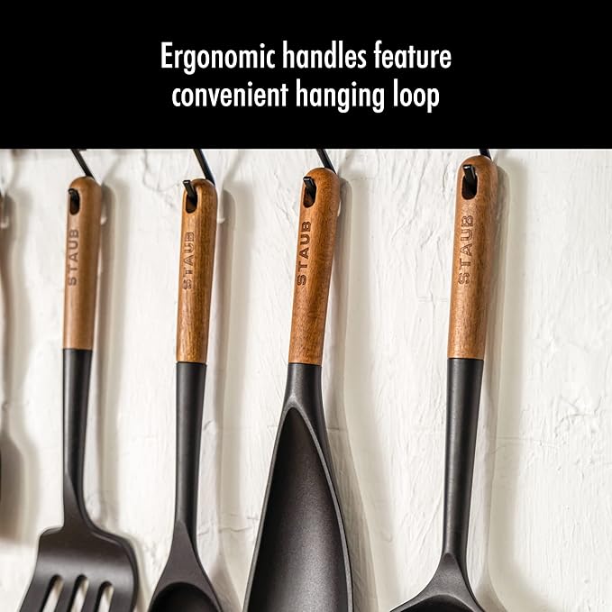 STAUB Silicone Spatula Turner, Perfectly Angled for Lifting Pancakes, Sandwiches and Picking up Veggies Durable BPA-Free Matte Black Silicone, Acacia Wood Handles, Safe for Nonstick Cooking Surfaces