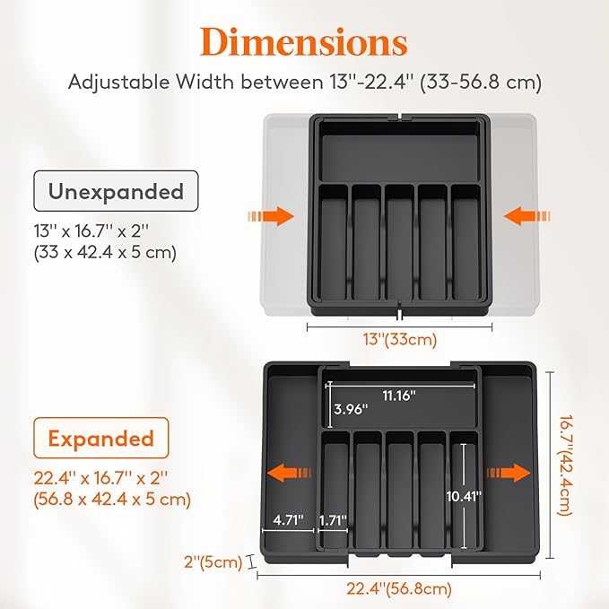 Lifewit Deep Silverware Drawer Organizer for Kitchen, Expandable Utensil Tray, Adjustable Flatware Cutlery Holder, Large Plastic Kitchen Storage for Spoons Forks Knives, 22.4 x 16.7 x 2 inches, Black