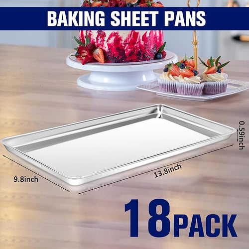 18 Pcs Baking Sheet Pan Set 13.8 × 9.8 × 0.6 Inches Cookie Sheet Large Toaster Oven Pans Stainless Steel Tray Barbecue Grill Pan Rectangle Trays Oven, Non-Stick, Easy Clean