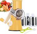 Ourokhome Rotary Cheese Grater Hand Crank, Kitchen Shredder Speed Mandolin Slicer Nut Grinder with Handle and Drum Blades for Cheese, Vegetable, Walnut, Chocolate, Potato, Carrot, 3 Blades, Yellow