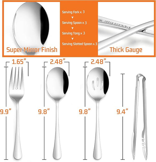 12-Piece Large Serving Utensils Set, E-far Stainless Steel 9.8 Inch Serving Slotted Spoons, 9.9 Inch Fork, 9.4 Inch Tong for Buffet Catering Banquet, Mirror Finish & Dishwasher Safe