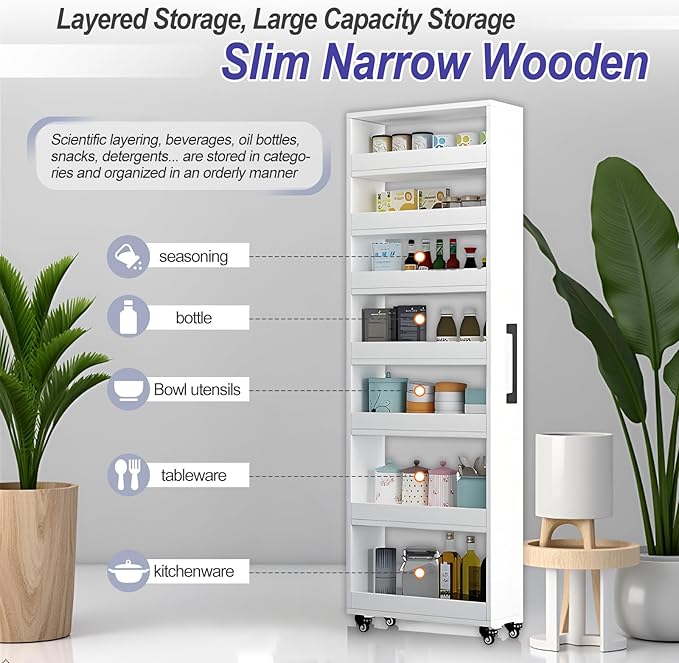 7-Tier Slim Storage Cart, Wooden Rolling Pantry Cabinet with Wheels, Narrow Shelf Organizer for Kitchen, Bakers Rack, Dining Room, Closet, Small Spaces Teak 73.2''H*7.8''W*19.6''D