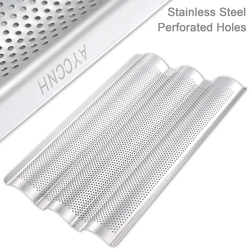 2 Pack Stainless Steel French Baguette Bread Pan, Perforated Loaf Pans for Baking 15"x10", 3 Waves Toaster Oven Baking Tray