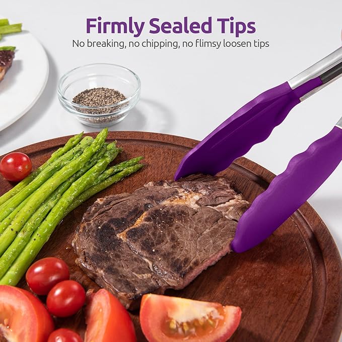 600ºF Heat Resistant Kitchen Tong: U-Taste 7 inch Silicone Cooking Tong with Firm Sealed Non Stick Rubber Tips & Silicon Coated 18/8 Stainless Steel Handle & Smooth Locking for Serving Salad (Purple)