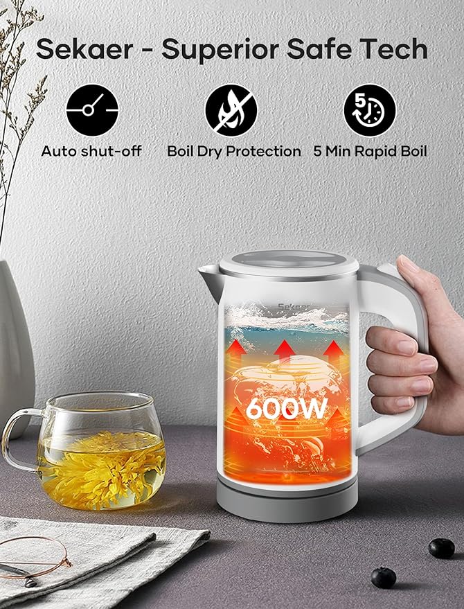 Sekaer Small Electric Tea Kettle Stainless Steel 0.8L Portable Travel Hot Water Boiler, Mini Electric Coffee Kettle with Auto Shut-Off & Boil Dry Protection, Cordless Base & White