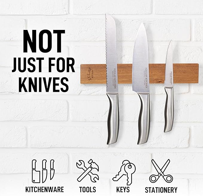 Zulay 11.75" Seamless Acacia Wood Magnetic Knife Holder - Wooden Magnetic Knife Strip for Organizing your Kitchen - Elegant & Multifunctional Magnet Holder for Wall with Easy Installation
