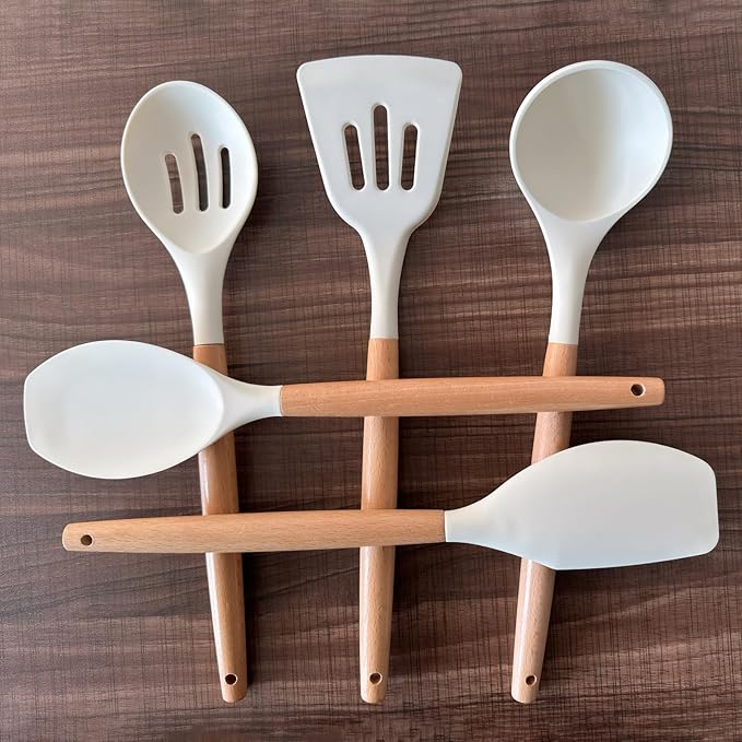 Silicone Kitchen Utensils Set of 5, Cooking Utensil Set with Heat Resistant Wooden Handle Non-Stick Silicone Spatula Spoon Turner Ladle, BPA FREE Cooking Kitchen Gadgets for Cookware & Baking