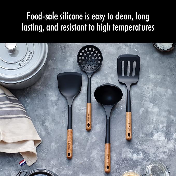 STAUB Silicone Spatula Turner, Perfectly Angled for Lifting Pancakes, Sandwiches and Picking up Veggies Durable BPA-Free Matte Black Silicone, Acacia Wood Handles, Safe for Nonstick Cooking Surfaces