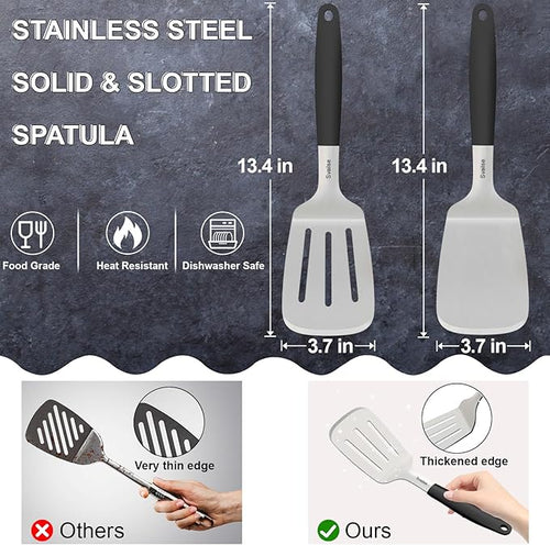 13.4 in Stainless Steel Spatula Set of 2, Heavy Duty Solid & Slotted Metal Spatula with Silicone Handle for Cast Iron Skillet, Egg, Burger and Grilling, Large
