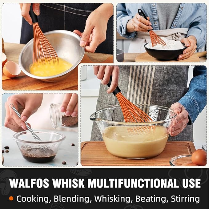 Walfos Whisk, Silicone Whisks Set of 5, Mini Stainless Steel Whisk 7+5in and Non Scratch Coated 7+9+11in Whisks, Suitable for Blending, Whisking, Beating, Frothing & Stirring. (Orange)