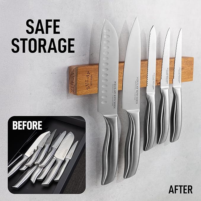 Zulay 11.75" Seamless Acacia Wood Magnetic Knife Holder - Wooden Magnetic Knife Strip for Organizing your Kitchen - Elegant & Multifunctional Magnet Holder for Wall with Easy Installation