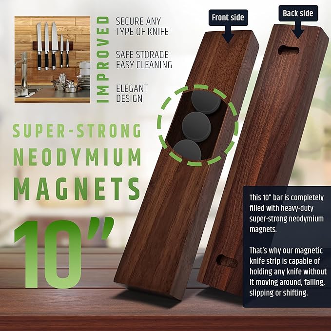 Premium 10 Inch (Small Size) Dark Walnut Wood Magnetic Knife Holder – Professional Wooden Magnetic Knife Strip - Space-Saving Knife Rack/Knife Bar With Powerful Magnetic Pull Force (Upgraded Version)