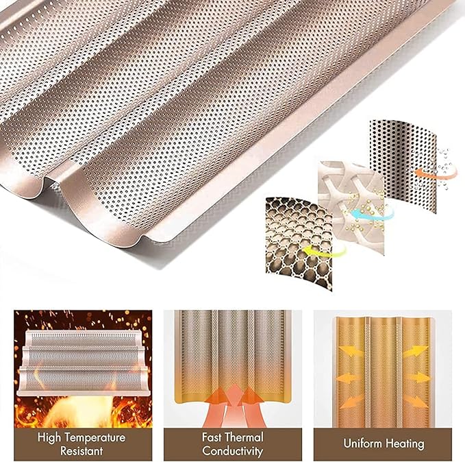 Baguette Pans for Baking 15" x 11", Carbon Steel 3 Loaf Nonstick Baguette Baking Tray for French & Italian Perforated French Bread Pan