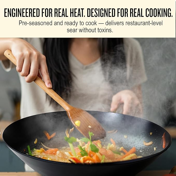 Alva Forest Naturally Nonstick Carbon Steel Wok Pan 12" - Acacia Wood Handle, Pre-Seasoned and Made without PFAS, PFOA & PTFE - Induction and All Stovetop Compatible with Even Heat Distribution