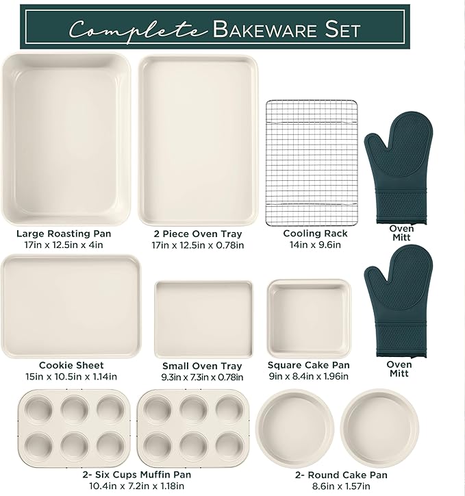 Country Kitchen Nonstick Stackable Bakeware Set - Deluxe Heavy Duty, Durable, Easy Release Baking Set, Sage, 13 Pcs
