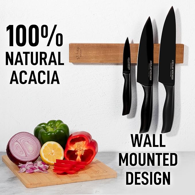 Zulay 11.75" Seamless Acacia Wood Magnetic Knife Holder - Wooden Magnetic Knife Strip for Organizing your Kitchen - Elegant & Multifunctional Magnet Holder for Wall with Easy Installation