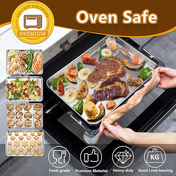 P&P CHEF 16 + 12.5 Inch Stainless Steel Baking Sheet with Rack Set (2 Pans+ 2 Racks), Cookie Sheets Baking Trays and Cooling Wire Racks, Oven & Dishwasher Safe, Pans with Flat Racks