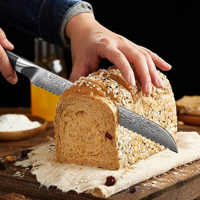 SHAN ZU Bread Knife 8 Inch Japanese Steel Damascus Serrated Knife Wave Edge, Professional Sharp 10Cr15Mov High Carbon Super Steel Cake Knife Bread Cutter with G10 Handle