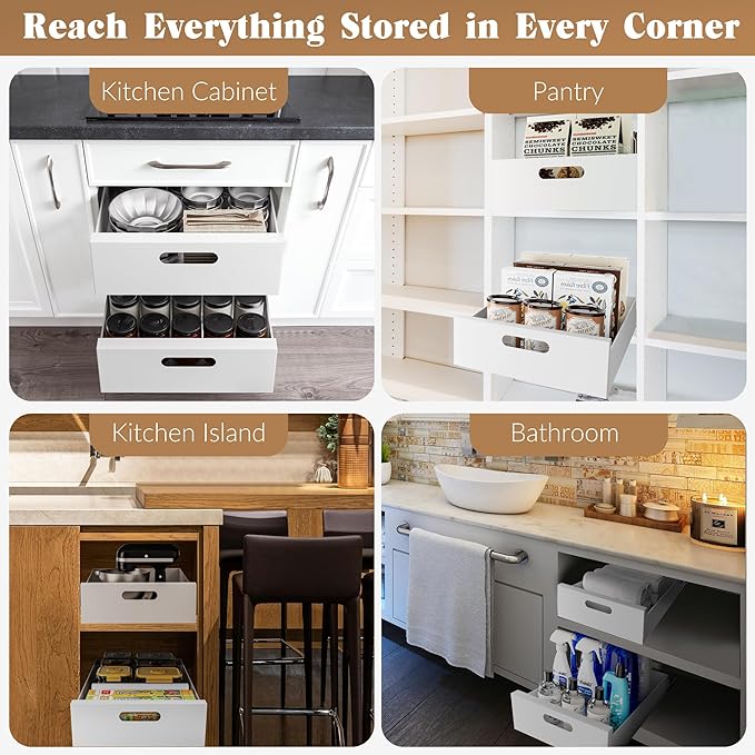 HBL' 2 Pack | 21" Deep Pull Out Cabinet Organizer Adhesive, 12-Inch Wide Sturdy Carbon Steel Roll-Out Drawers for Face Frame or Frameless Cabinets,Slide-Out Shelves for Pantry.